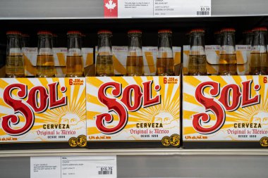 Sol birasının raftaki altı paket kutusunu kapat. Toronto, Kanada - 3 Aralık 2025.
