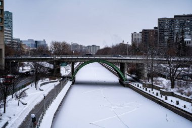 Ottawa 'da kış boyunca donmuş Rideau Kanalı manzarası.