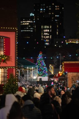 Montreal 'de gece süslenmiş ağaçla Noel pazarının manzarası. Montreal, Kanada - 19 Aralık 2025.