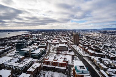 Quebec 'te kış boyunca Montcalm bölgesinin hava manzarası. Quebec Şehri, Kanada - 22 Aralık 2025.