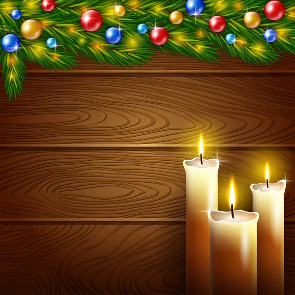 Velas de Navidad y fondo de madera — Vector de stock