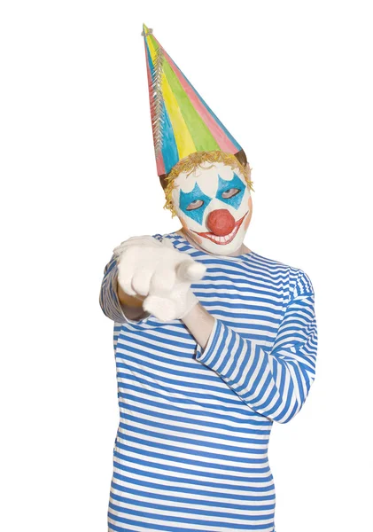 Man in a mask of the clown in a striped T-shirt — Stock Photo, Image