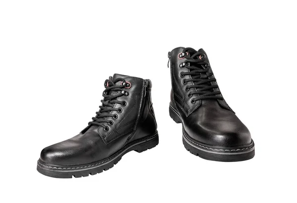 Pair Black Genuine Leather Boots Men Clothing Isolated White Background — Stock Photo, Image