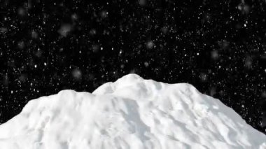 Siyah arka planda hızla düşen beyaz kar. Büyüyen karlı dağ, buzullar. Havadaki dinamik rüzgar parçacıkları. Tasarım animasyonu, 4K.