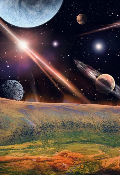 Uzay ve gezegenler. Yerden harika bir görüntü. 3D görüntüleme. Güneş patlaması kavramı, radyasyon. Yukarıdan renkli dağlar ve tepeler. Dikey resim.