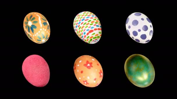 复活节彩绘的彩蛋将在黑色孤立的背景下在它们的轴上旋转 复活节假期的概念 设计的对象 循环4K视频动画 — 图库视频影像