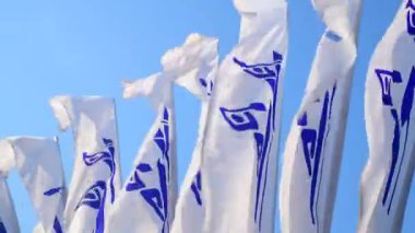 Barnaul, Rusya. 20 Mayıs. 2021 yılı. Rüzgarda dalgalanan spor bayrağı. Barnaul şehrinin kürek çekme ve kano yarışmalarının sembolü. Video 4K.