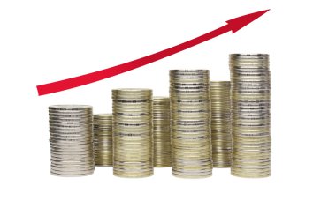 Beyaz bir arka plan üzerinde paralar üzerinden grafik