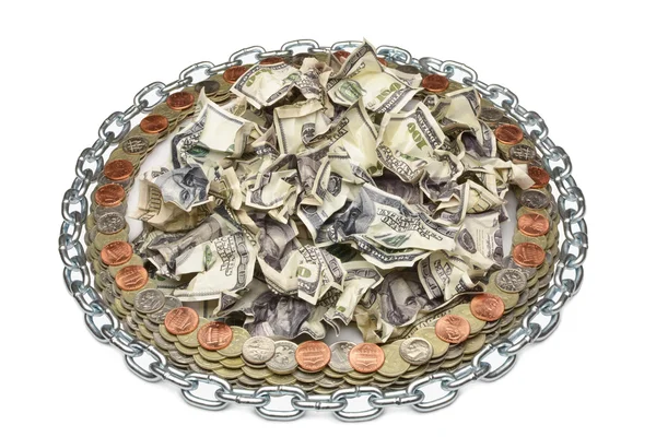 Dollaro accartocciato circondato da monete — Foto Stock