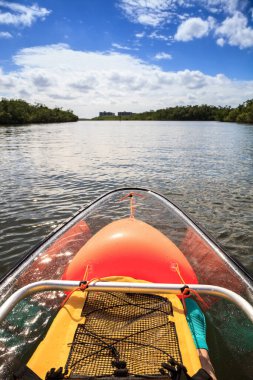 Yellow, waterproof backpack inside a Clear see-through kayak forges its way through the waters of Delnor-Wiggins pass in Bonita Springs, Florida. clipart