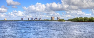 Bonita Springs, Florida 'daki mangrov adalarıyla Estero Körfezi Panoramisi