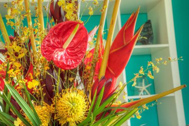 İçinde Heliconia bihai, sarı oncidium orkideleri, sarı iğnelik protesi ve kırmızı anthuriumlar bulunan tropik çiçek buketi..