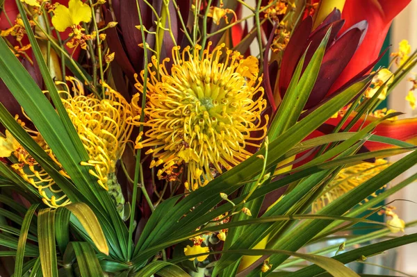 Tropical bouquet of flowers including Heliconia bihai, yellow oncidium orchids, yellow pincushion protea, and red anthuriums.