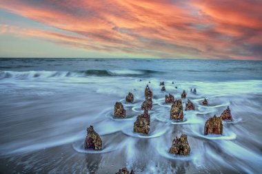 Napoli, Florida 'daki Port Royal sahilinde harap olmuş bir iskelede gün batımı..