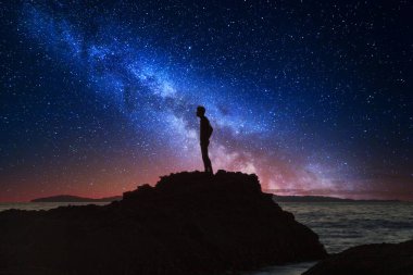 Gece yıldızları, Reykjavik İzlanda 'daki kayaların üzerinde çağlayan okyanus sularındaki yansımaları yansıtıyor..