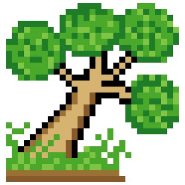 Beyaz arkaplanda izole edilmiş piksel sanatına sahip ağaç