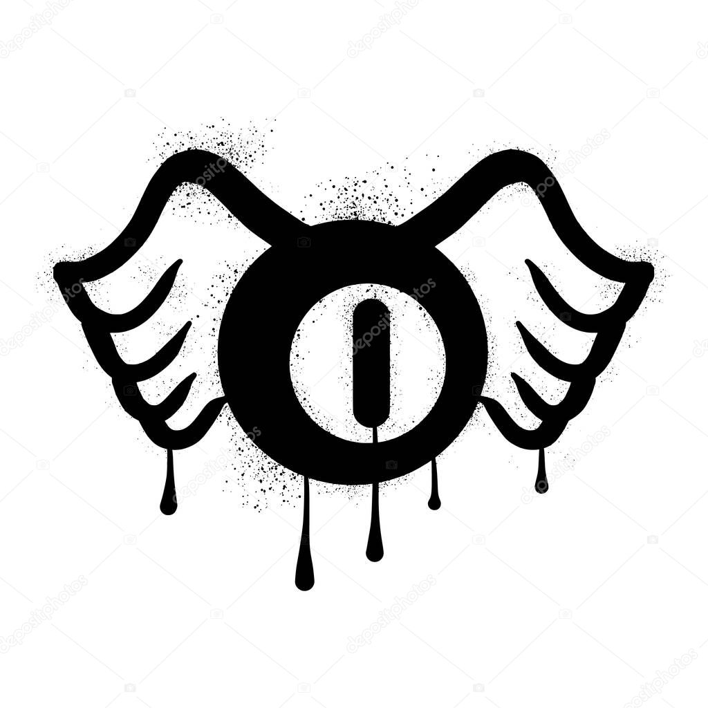 Billiard ball wings drawn in black spray paint graffiti style