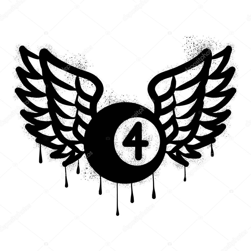 Billiard ball wings drawn in black spray paint graffiti style