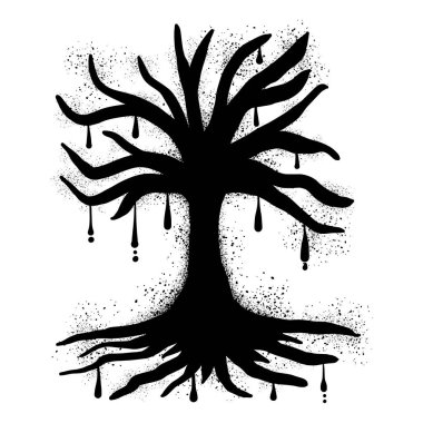 Kuru ölü ağaç ve siyah sprey boyayla duvar yazısı.