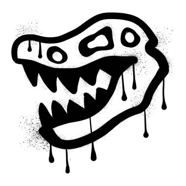 Siyah sprey boyayla çizilmiş dinozor kafatası grafitisi.