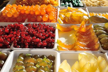 şekerlenmiş meyve, armut, kiraz, karpuz, incir