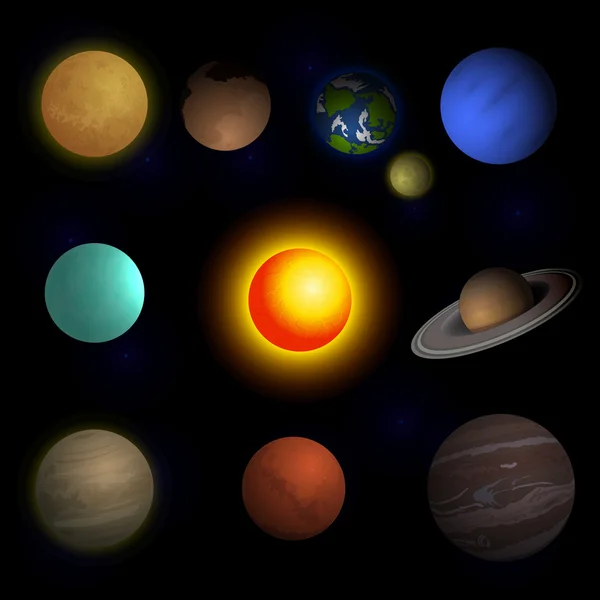 Ilustración vectorial planetas Sistema solar y sol sobre fondo espacial negro — Archivo Imágenes Vectoriales