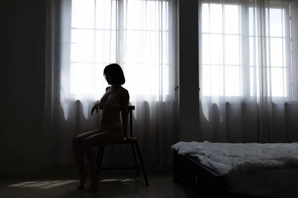 Silhouette Asian Young Woman Wearing Sexy Bikini Sitting Chair Bedroom — Stock Photo, Image