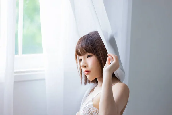 Portret Van Aziatische Jonge Vrouw Met Sexy Bikini Slaapkamer Sexy — Stockfoto