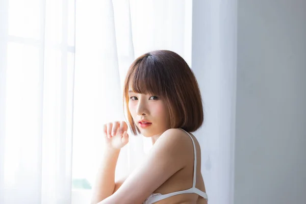 Portré Ázsiai Fiatal Szexi Bikiniben Hálószobában Szexi Lány Koncepció — Stock Fotó