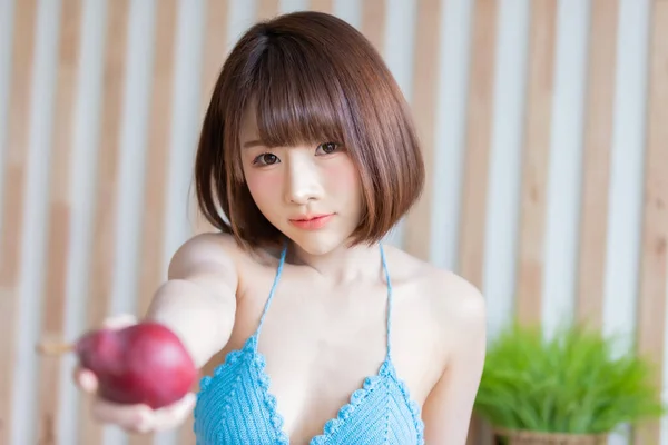 Egy Fiatal Szexi Ázsiai Portréja Kék Bikiniben Szobájában Szexi Lány — Stock Fotó