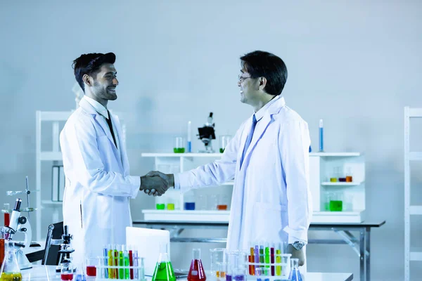 Two Scientists Shaking Hands Positivity Success Happiness Concept Collaboration Caucasians — Stock Photo, Image