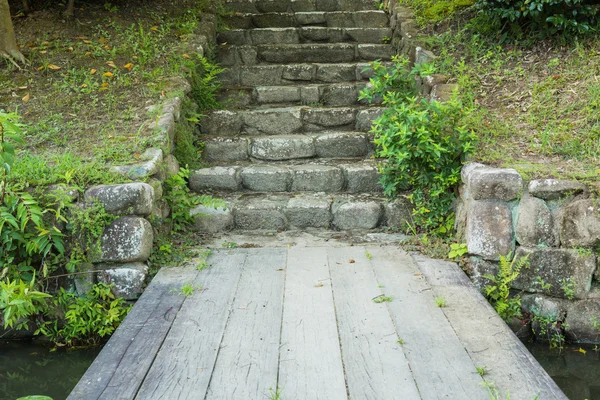 Escaleras de piedra y pasarela de madera en la naturaleza . —  Fotos de Stock