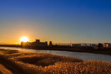 Çayır ve nehir, günbatımı Zamanı.