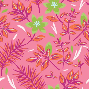 Turuncu ve mor yapraklı, pembe arka planda taze yeşil çiçekli renksiz tropikal desenler. Yaz temalı dekor için mükemmel.