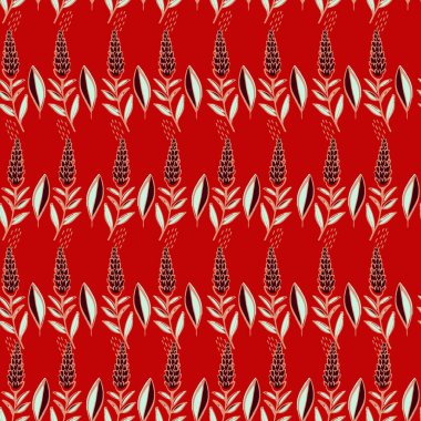 Şekillendirilmiş çiçekleri ve koyu kırmızı arka planda yaprakları içeren canlı, pürüzsüz bir desen. Tekstil, moda, duvar kağıdı ve yüzey tasarımı için ideal.
