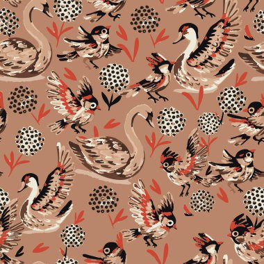 Retro style seamless pattern with whooper swans, coal tits and Alyssum flowers on a warm background. Great for fabric, wallpaper, apparel and printing