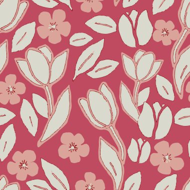 Çiçeksel fırça darbeleri pürüzsüz. Moda tekstili, arka plan ve el sanatları için pembe arka planda el yapımı laleler, yapraklar ve çiçekler.