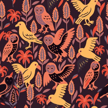 Ahır baykuşları ve uçan güney dev sincap kuşları, stilize edilmiş anason hissop ve tropikal flora. Tekstil için mükemmel.
