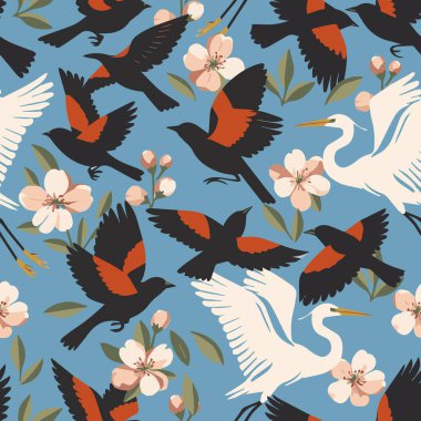 Kırmızı kanatlı Karatavuklar, Büyük Akbalıkçıllar ve Elma Çiçekleri 'nden oluşan yüksek etkili kusursuz vektör deseni. Kumaş, duvar kağıdı ve giysi tasarımı için mükemmel.