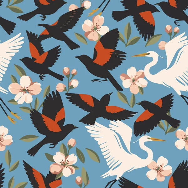 Kırmızı kanatlı Karatavuklar, Büyük Akbalıkçıllar ve Elma Çiçekleri 'nden oluşan yüksek etkili kusursuz vektör deseni. Kumaş, duvar kağıdı ve giysi tasarımı için mükemmel.
