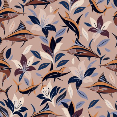 Konforlu diyalog vektörsüz desen, av balığı ve botanik Asya zambaklarını birleştiriyor. Mayolar, tatil giysileri, ev yapımı tekstil için mükemmel..