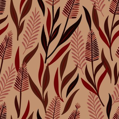 Son moda botanik kusursuz desen. Koyu kırmızı, terracotta ve kahverengi toprak tonlarıyla elle çizilmiş organik doğa tasarımı. Kumaş ve ambalaj için mükemmel.