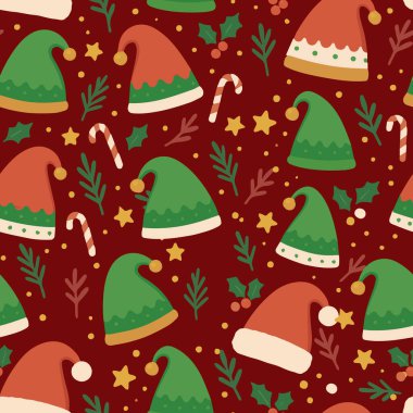 Tatil elf şapkası ve şeker kamışı tekstil, ambalaj kağıdı, arkaplan ve giysi için desen vektörü.