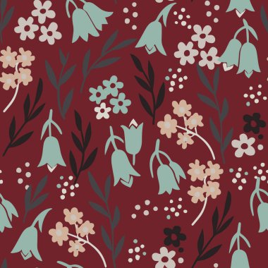 Klasik İskandinav tarzı çiçek deseni. Kumaş, duvar kağıdı ve ticari ambalaj için yaban çiçekleri ve çan çiçekleri ile karamsar botanik arka plan.