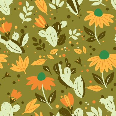 Çölde kaktüsle kusursuz desen. Duvar kağıtları için vektörsüz doku, şablon dolguları, web sayfası arkaplanları. Vektör illüstrasyonu