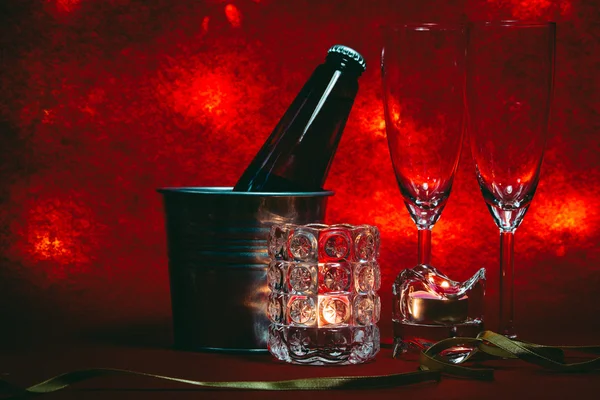 Cool Champagne and glass prepare for Celebration. Candle is ligh — Stock Photo, Image