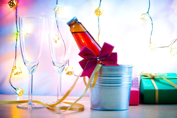 Cool Champagne and glass prepare for Celebration. Candle is ligh — Stock Photo, Image