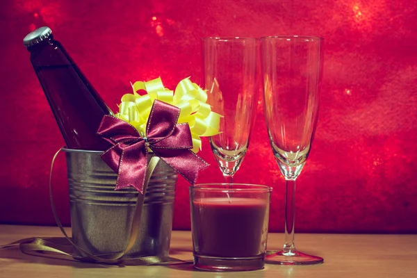 Cool Champagne and glass prepare for Celebration. Red Candle in — Stock Photo, Image