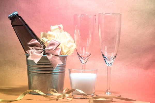 Cool Champagne and glass prepare for Celebration. White Candle i — Stock Photo, Image