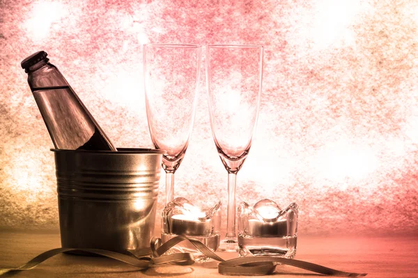 Cool Champagne and glass prepare for Celebration. Candle is ligh — Stock Photo, Image